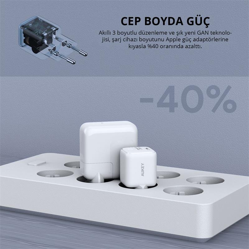 AUKEY AUKEY PA-B1T-WH 20W OMNİA II MİNİ GAN PD QC 3.0 TYPE C HIZLI ŞARJ ADAPTÖRÜ -56161