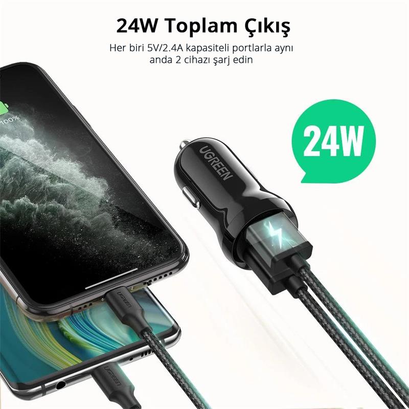 UGREEN UGREEN 24W ARAÇ ÇAKMAKLIK ŞARJ CİHAZI 2XUSB-A SİYAH 50875 -50364