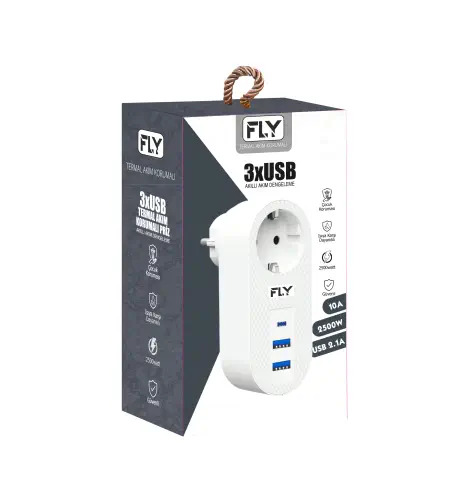FLY FLY 3400-01, 1 Soket, 2 USB, 1 TYPE-C, Akım Korumalı Priz, 2.1A, (Beyaz)-51550