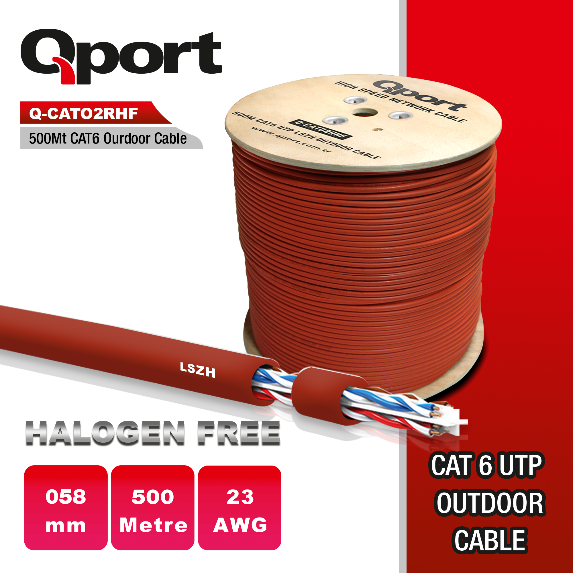 QPORT QPORT Q-CATO2RHF LSZH 500 METRE 23AWG MAKARALI HALOGEN FREE KABLO