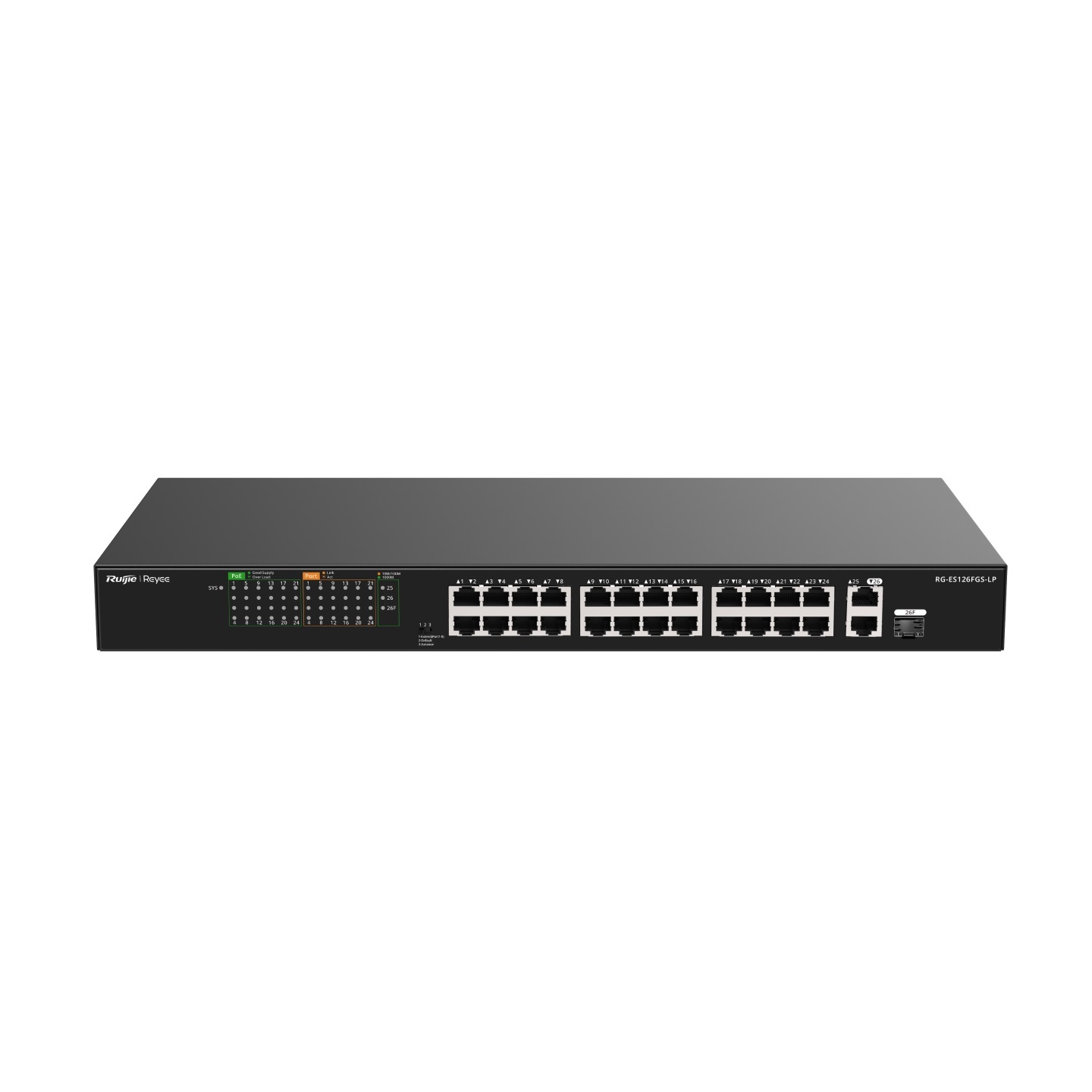 RUIJIE RUIJIE REYEE RG-ES126FGS-LP 24 PORT 10/100 24 PORT POE 2 PORT UPLINK + 1 SFP 180 WATT YONETILEMEZ RACK MOUNT SWITCH