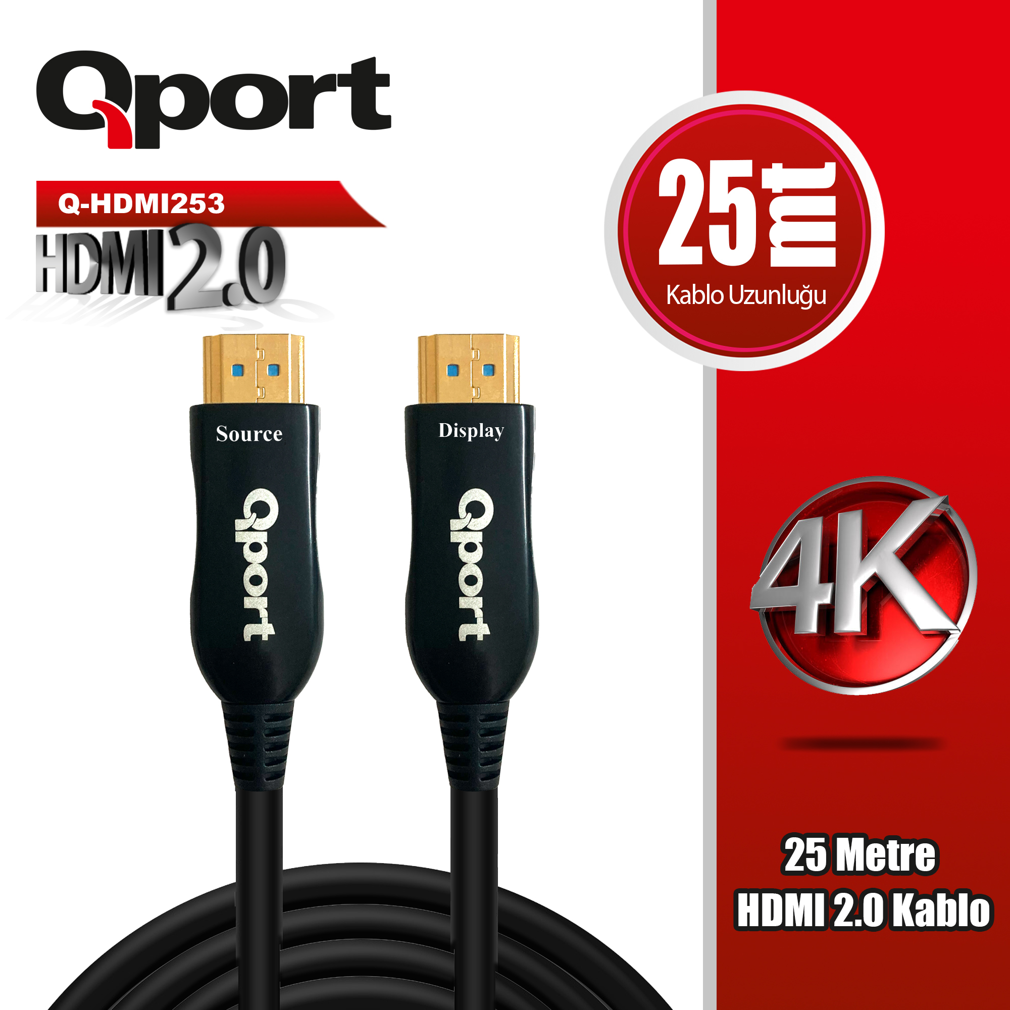 QPORT QPORT Q-HDMI253 HDMI 2.0 V ALTIN UÇLU KABLO 25 MT