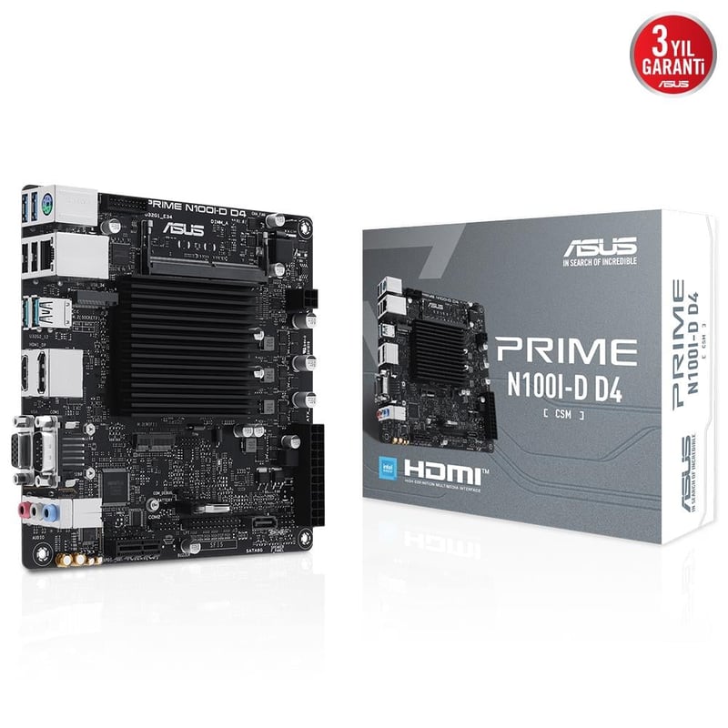 ASUS ASUS MB PRIME N100I-D D4-CSM INTEL N100 CPU DDR4 3200 DP HDMI VGA M2 USB3.2 COM Mini ITX ONBOARD ISLEMCI FANSIZ TASARIM ESD GUAR
