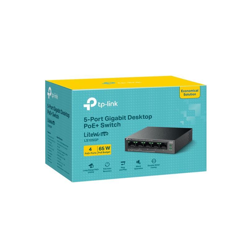 TP-LINK TP-LINK LS105GP 4 PORT GIGABIT + 1 PORT RJ45 UPLINK POE 65W 250 METRE POE MESAFE METAL KASA SWITCH 