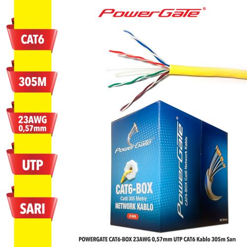 POWERGATE POWERGATE CAT6-BOX-YL, 23AWG, 0,57mm, UTP, CAT6 Kablo, 305m, Sarı