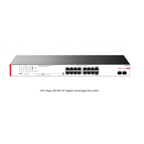 H3C H3C Magic BS218F-HP, 18 Port, GigaBit, 16 Port PoE, 225W, 2 Port GigaBit Uplink, +2 Port GigaBit SFP, Metal Kasa, Yönetilemez, R