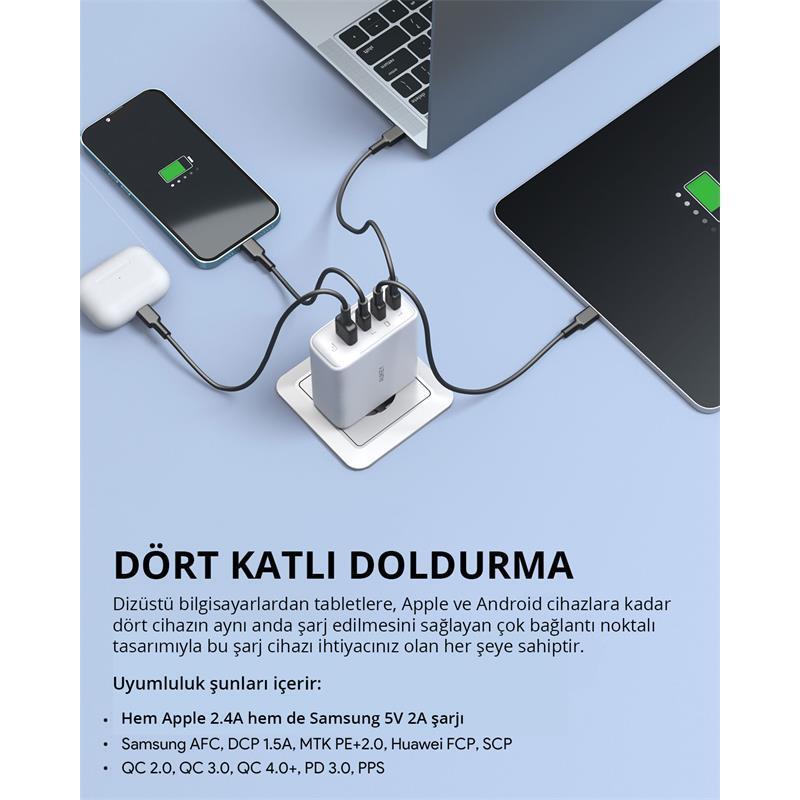 AUKEY AUKEY PA-B7S-WH 100W DÖRT BAĞLANTI NOKTALI PD GAN DUVAR ŞARJ CİHAZI -56146