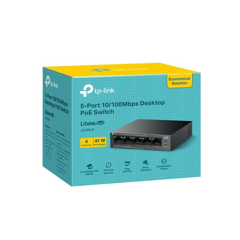 TP-LINK TP-LINK LS105LP 4 PORT 10/100 +1 PORT RJ45 UPLINK 41W 250 METRE POE MESAFE METAL KASA SWITCH 