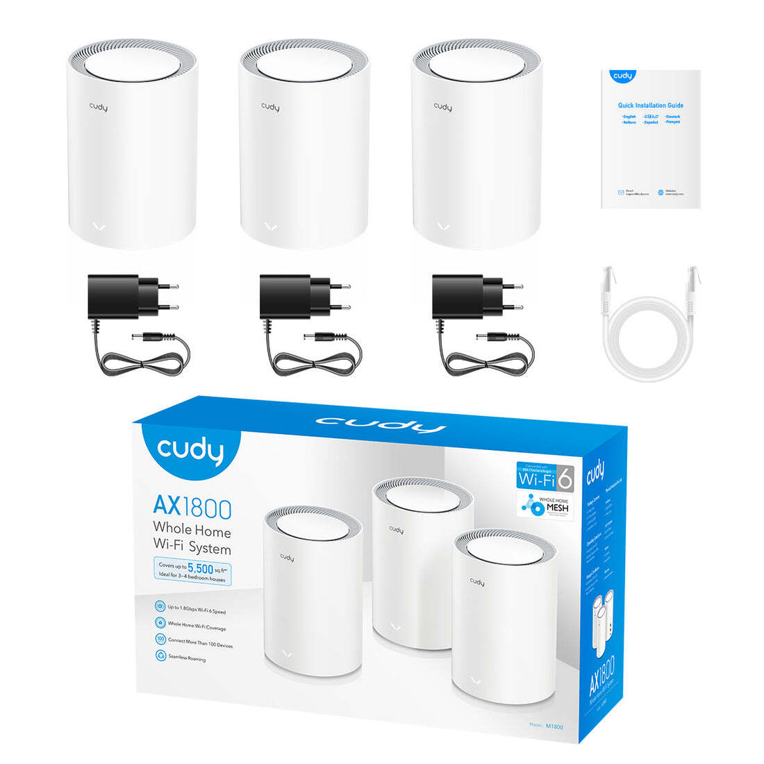 CUDY M1800 3-Pack AX1800Mbps 2.4/5GHz AP/RE/WISP Gigabit MU-MIMO Kablosuz 3'lü Mesh Wi-Fi 6 Sistemi-62296