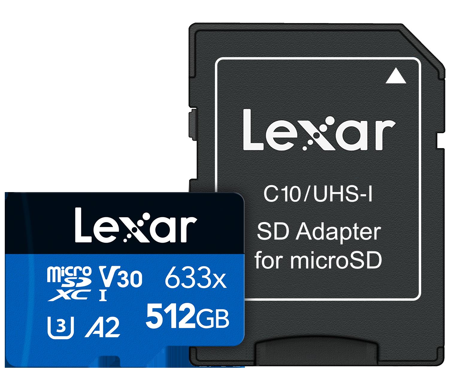 LEXAR LEXAR 512GB LSDMI512BB633A MICROSD HIGH-PERFORMANCE 633X MICROSDXC UHS-I WITH SD ADAPTER UP TO 100MB/S READ 70MB/S WRITE C10 A2 
