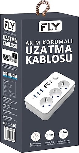 FLY FLY 3406-01, 3 Soket, 3 USB, Akım Korumalı Priz, 2.1A, Anahtarlı, 2Mt Kablo, (Beyaz)