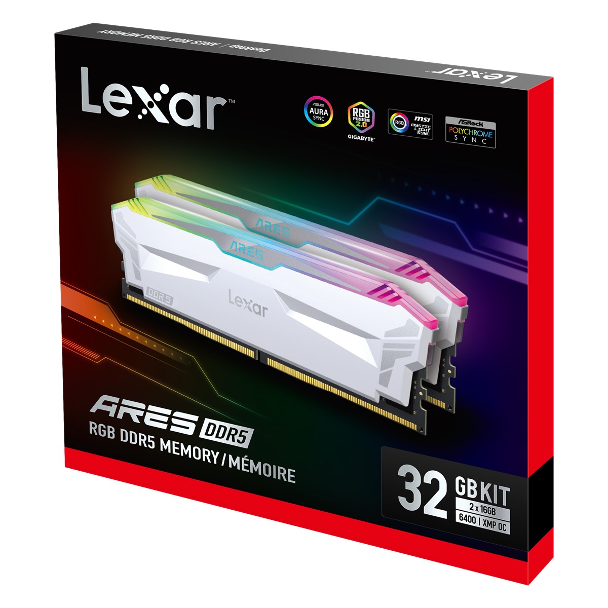 LEXAR LD5EU016G-R6400GDWA ARES RAM DT GAMING DDR5 UDIMM 2X16GB 6400 CL32 1.4V MEMORY WITH HEATSINK AND RGB LIGHTING DUAL PACK WHITE CO