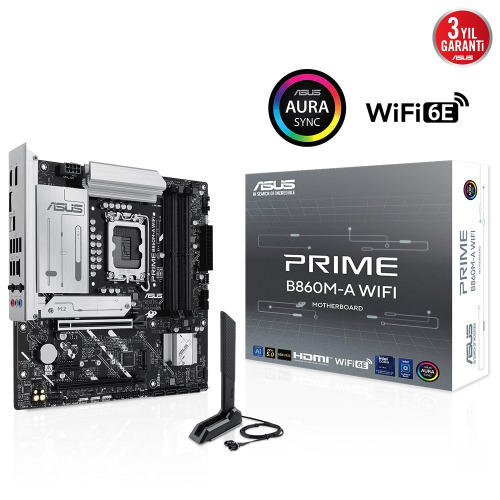 ASUS ASUS PRIME B860M-A WI-FI, 4xDDR5 2x M.2, HDMI, 2xDP, Wİ-Fİ 6E, Bluetooth v5.3, Type-C, Intel Core Ultra CPU(Seri 2), LGA1851 Sok