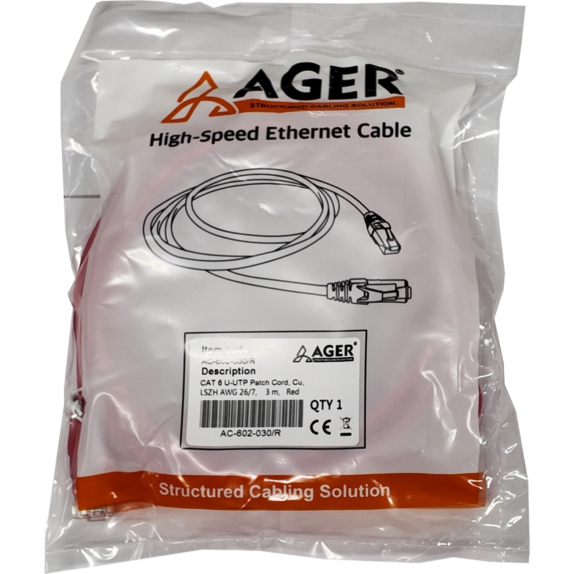 AGER AGER AC-602-030 3 MT UTP CAT6 PATCH KABLO KIRMIZI Cu, LSZH AWG 26/7-57816