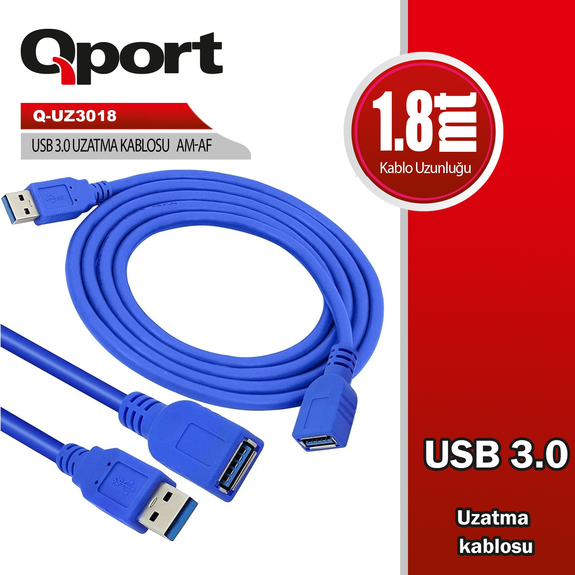 QPORT QPORT Q-UZ3018 1.8 METRE USB 3.0 UZATMA KABLOSU