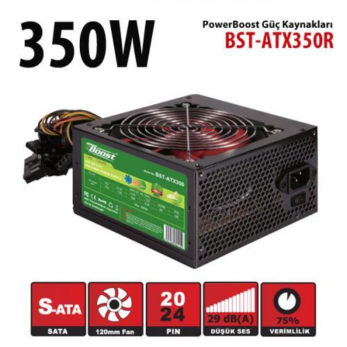 POWERBOOST PowerBoost BST-ATX350R 350w, PPFC 12cm Kırmızı Fanlı ATX PSU Power kablo (Retail Box)