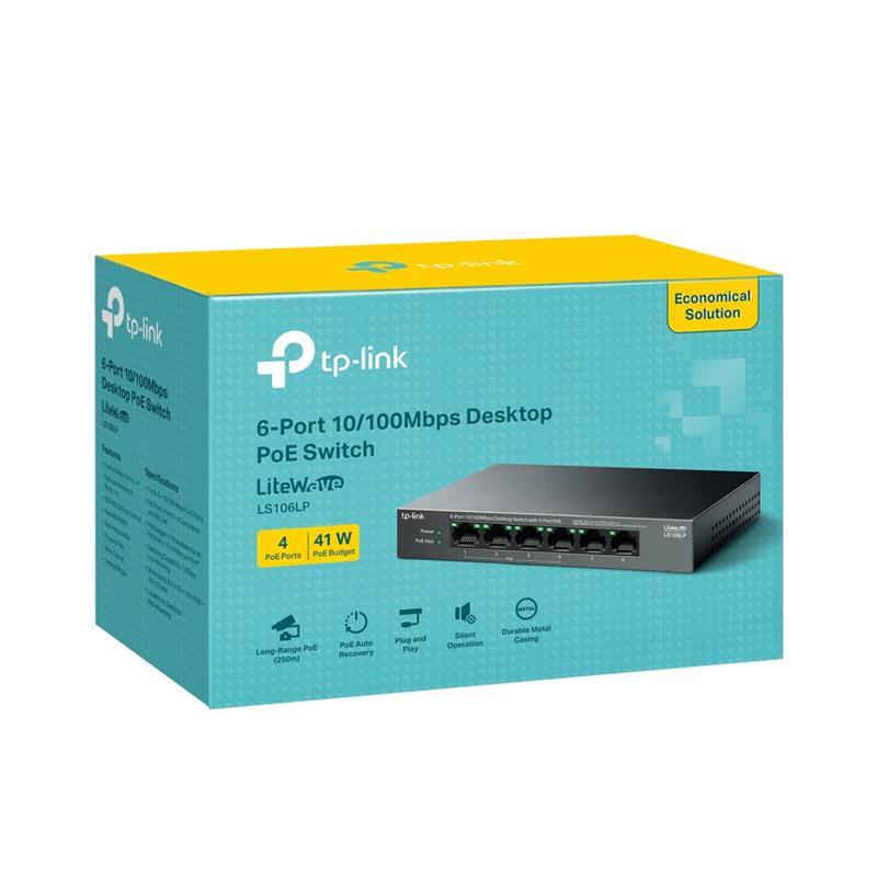 TP-LINK TP-LINK LS106LP 4 PORT 10/100 + 2 PORT RJ45 UPLINK 41W 250 METRE POE MESAFE METAL KASA SWITCH 