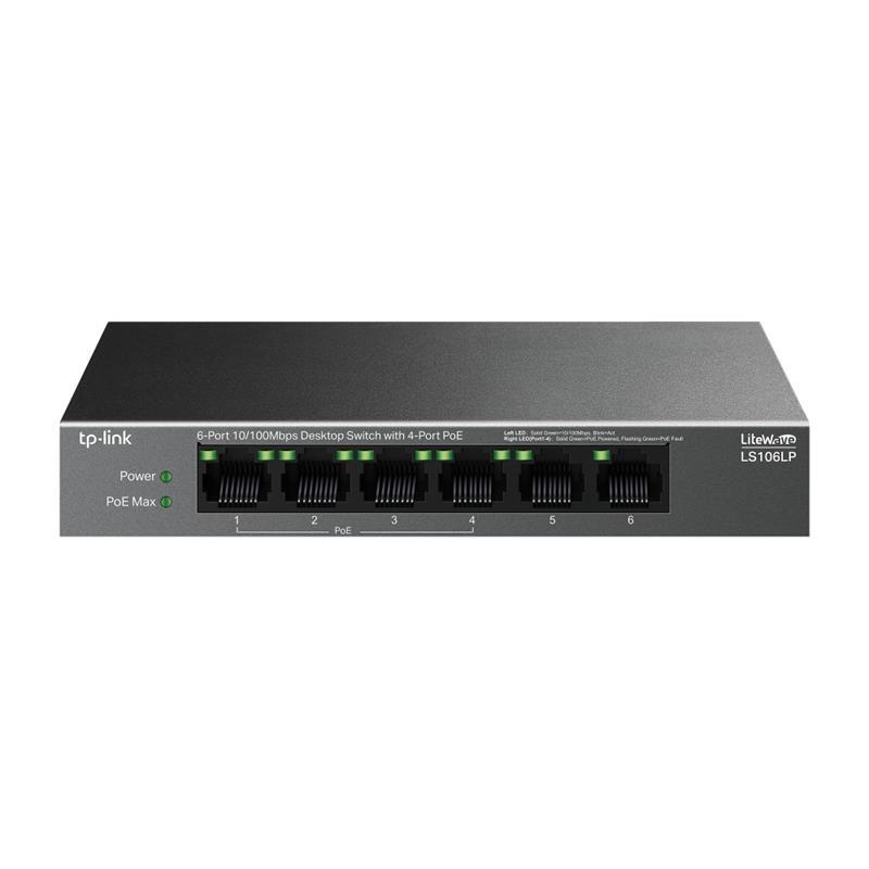 TP-LINK TP-LINK LS106LP 4 PORT 10/100 + 2 PORT RJ45 UPLINK 41W 250 METRE POE MESAFE METAL KASA SWITCH -31100