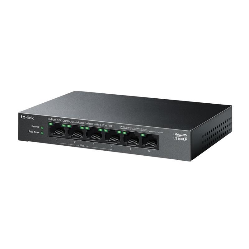 TP-LINK TP-LINK LS106LP 4 PORT 10/100 + 2 PORT RJ45 UPLINK 41W 250 METRE POE MESAFE METAL KASA SWITCH -31101