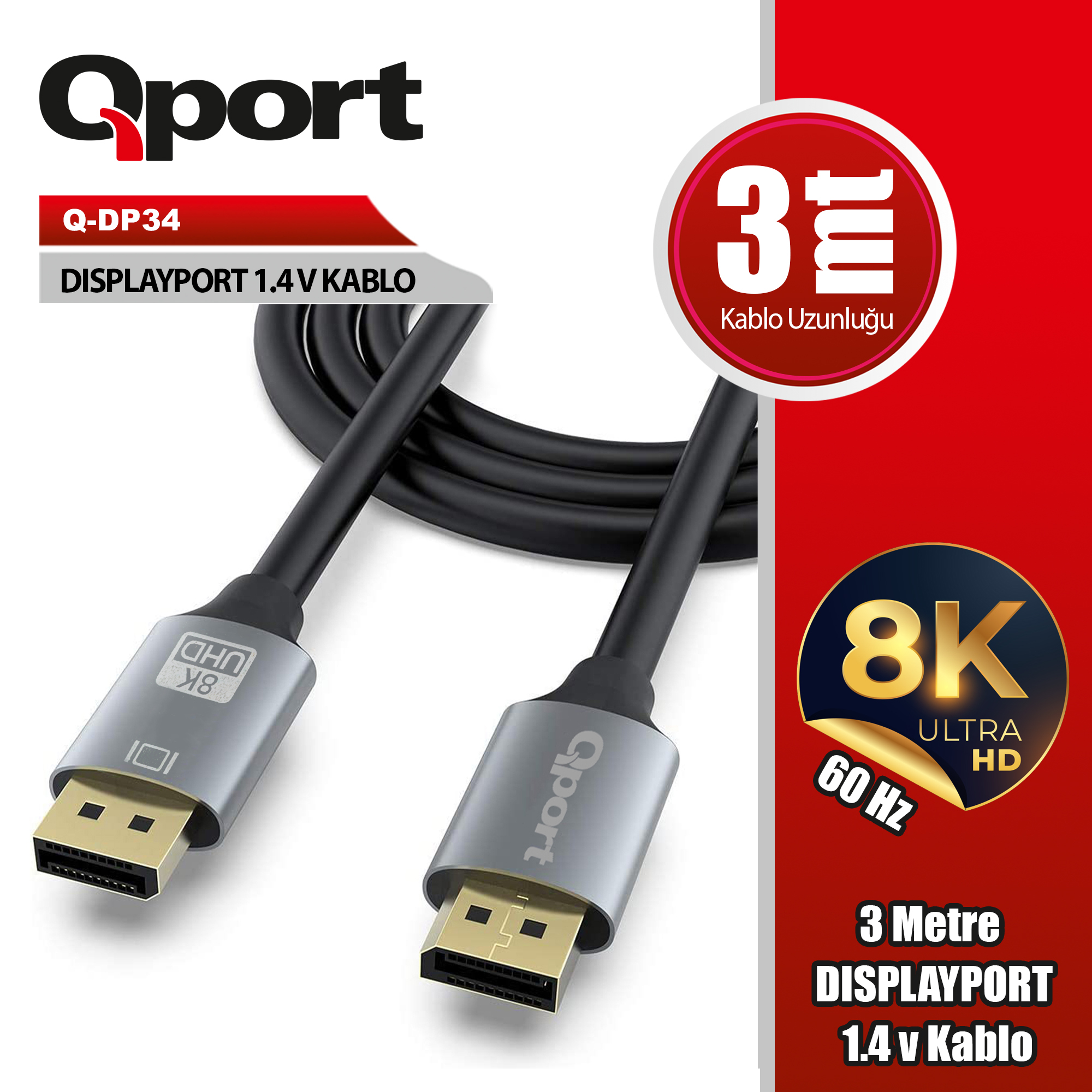 QPORT QPORT (Q-DP34) DISPLAY PORT 3 METRE KABLO