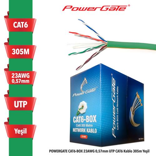 POWERGATE POWERGATE CAT6-BOX-GN, 23AWG 0,57mm, UTP, CAT6 Kablo, 305m, Yeşil