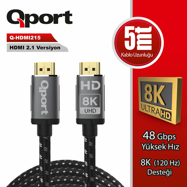 QPORT Qport 5 Metre Q-HDMI215 2.1V 8K Altın Uçlu Örgülü HDMI Kablo (Q-HDMI215)