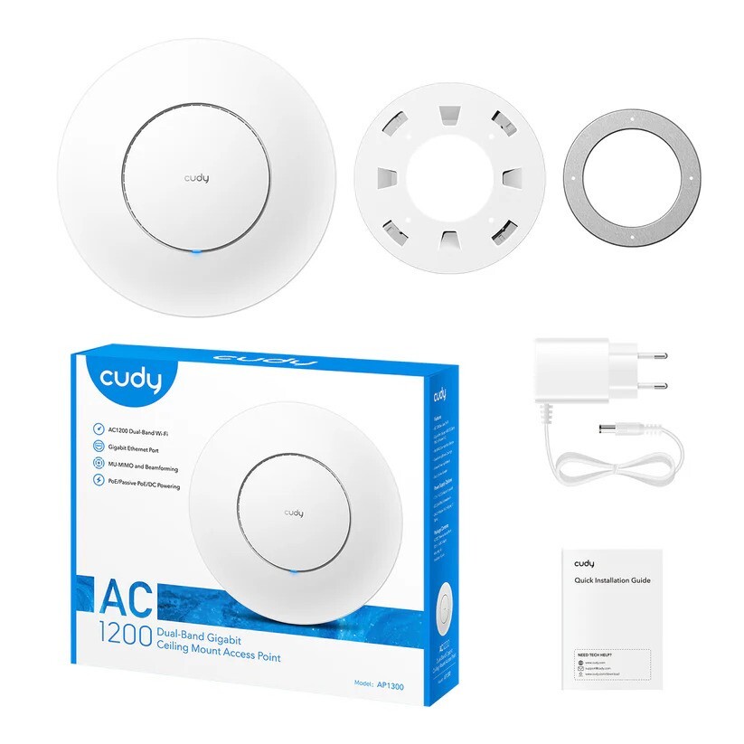 CUDY AP1300 AC1200Mbps 2.4GHz/5GHz RE/WISP Gigabit MU-MIMO 1*PoE Port Tavan Tipi Wi-Fi Access Point-61807