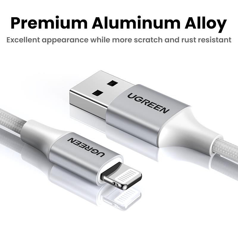UGREEN UGREEN LIGHTNING TO USB-A ÖRGÜLÜ MFİ SERTİFİKALI İPHONE HIZLI ŞARJ KABLOSU 2 METRE GÜMÜŞ 60163 -50517