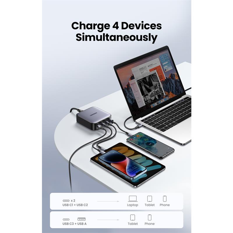 UGREEN UGREEN NEXODE 100W GAN MASAÜSÜ HIZLI ŞARJ CİHAZI TYPE-C QC PD 4 PORTLU 3XUSB-C 1XUSB-A GRİ 90928 -50501