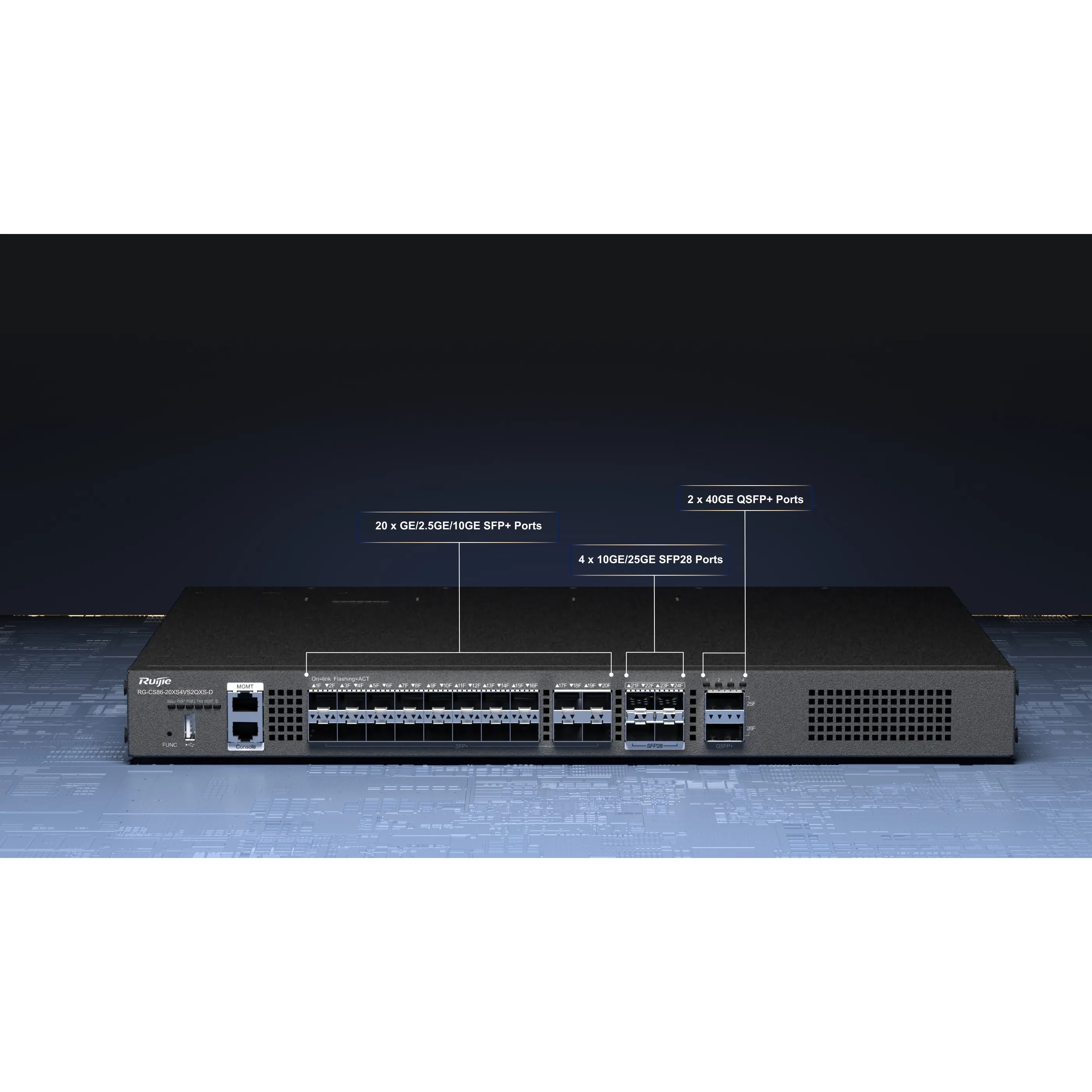 RUIJIE RUIJIE RG-CS86-20XS4VS2QXS-D 20x1G-2,5G-10G SFP+ 4X 10G/25G PORT 2 x 40GBASE-X QSFP+ CLOUD YONETILEBILIR L3 RACK MOUNT SWITCH-56416