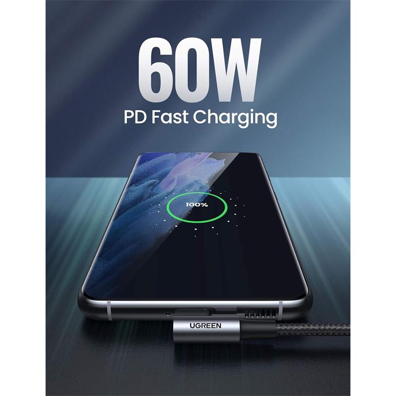 UGREEN UGREEN USB-C 60W 3A QC PD ÇİFT TARAFI 90 DERECE ÖRGÜLÜ HIZLI ŞARJ KALOSU 2 MT SİYAH 70531 -50486