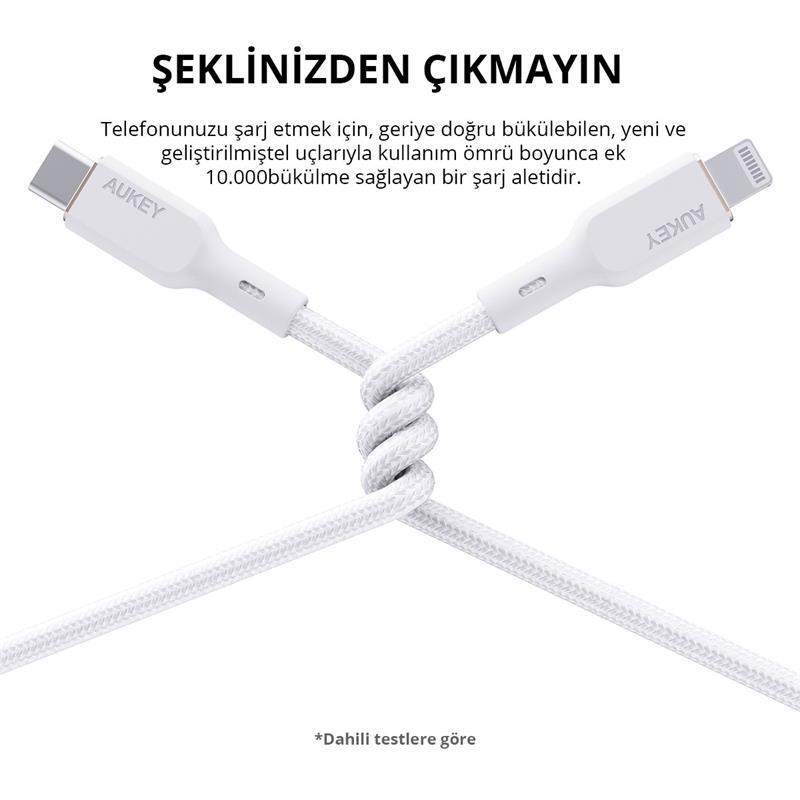 AUKEY AUKEY CB-NCL1-WH NAYLON ÖRGÜLÜ 3A 480MBPS TYPE-C LIGHTNING KABLOSU 1.8MT -56198