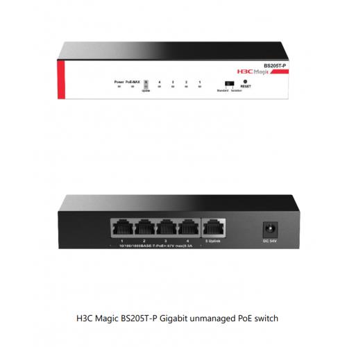H3C  H3C Magic BS205T-P, 5 Port, GigaBit, 4 Port PoE, 57W, +1 Port GigaBit Uplink, Metal Kasa, YÃ¶netilemez, MasaÃ¼stÃ¼ Switch 
