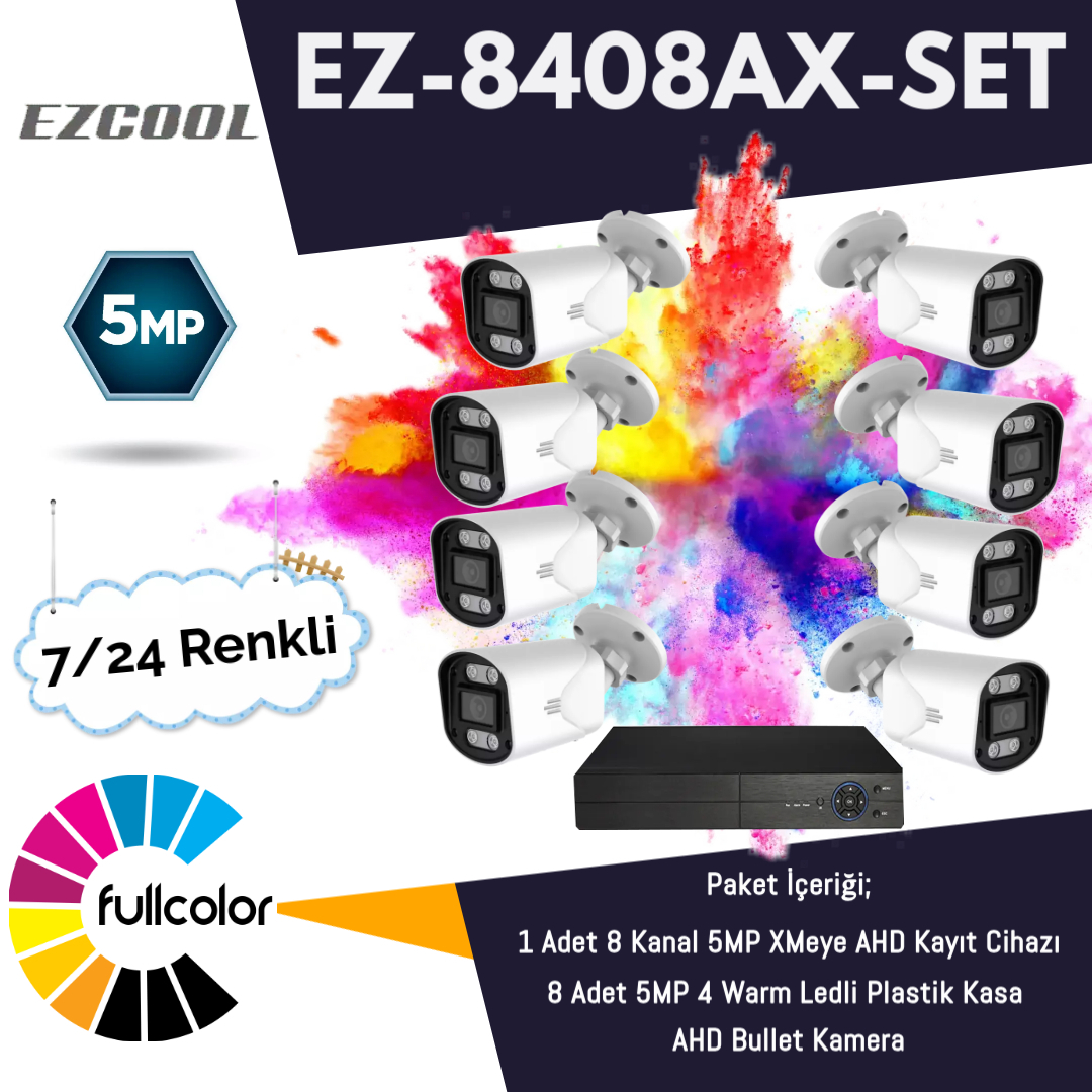 EZCOOL EZCOOL EZ-8408AX-SET 5MP FULLCOLUR 7/24 RENKLİ 8Lİ SET