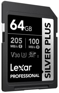LEXAR LSDSIPL064G-BNNNG SD PROFESSIONAL SILVER PLUS SDXC UHS-I CARDS UP TO 205MB/S READ 100MB/S WRITE C10 V30 U3