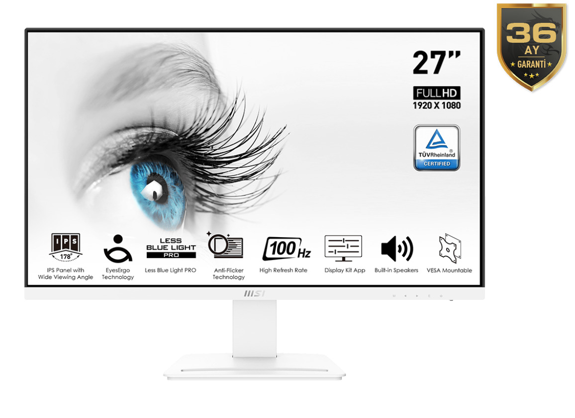 MSI 27 MSI PRO MP273AW 1920x1080 (FHD) FLAT IPS 100HZ ANTI-GLARE BEYAZ MONITOR-60737
