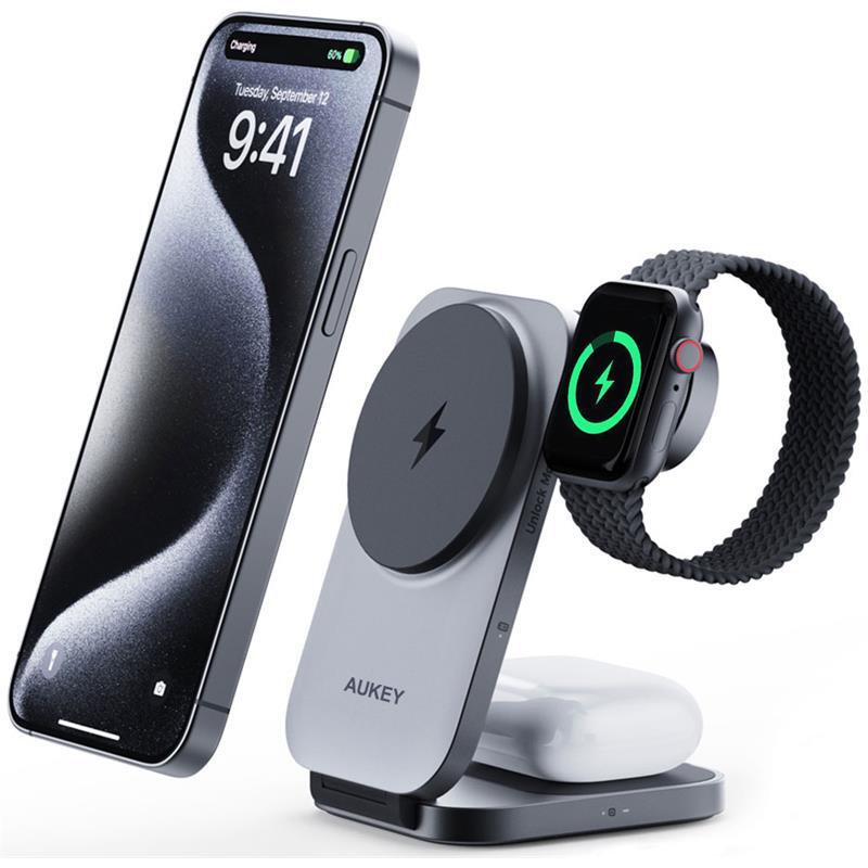AUKEY AUKEY LC-MC312-GY MAGFUSION Z QI2 15W KATLANABİLİR 3 Ü 1 ARADA MIKNATISLI KABLOSUZ ŞARJ CİHAZI 