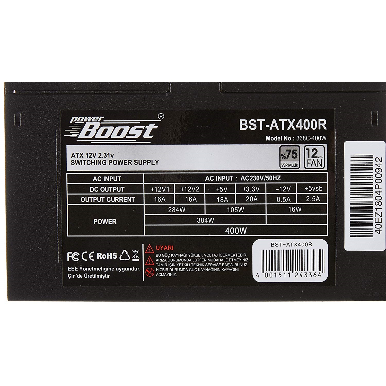 POWERBOOST  BST-ATX400R 400w, PPFC 12cm Siyah Fanlı ATX PSU Power kablo (Retail Box)