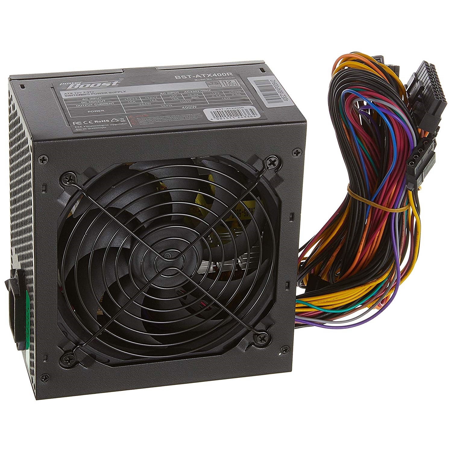 POWERBOOST  BST-ATX400R 400w, PPFC 12cm Siyah Fanlı ATX PSU Power kablo (Retail Box)-48437