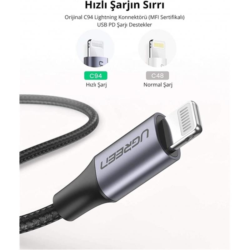 UGREEN UGREEN TYPE-C TO LIGHTNING 3A PD MFİ SERTİFİKALI ÖRGÜLÜ HIZLI ŞARJ KABLOSU 1 MT SİYAH 60759 -59243