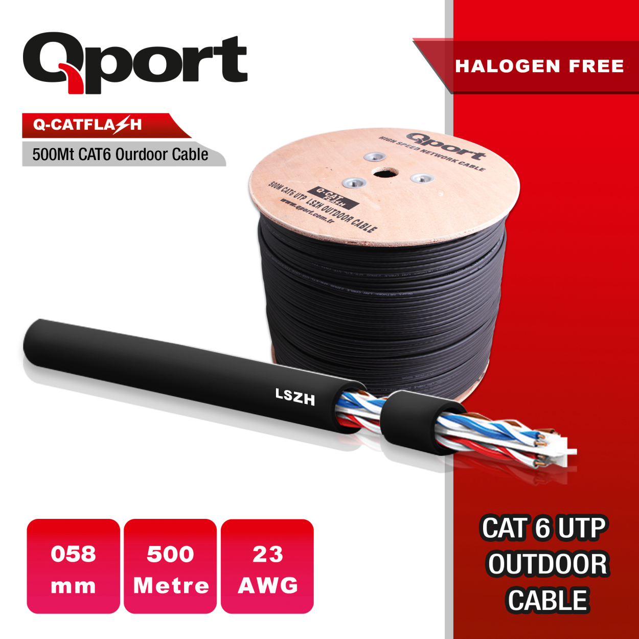 QPORT Qport 500 Metre Q-CATFLASH LSZH[Yanmaz] Cat6 0.58mm Outdoor Kablo