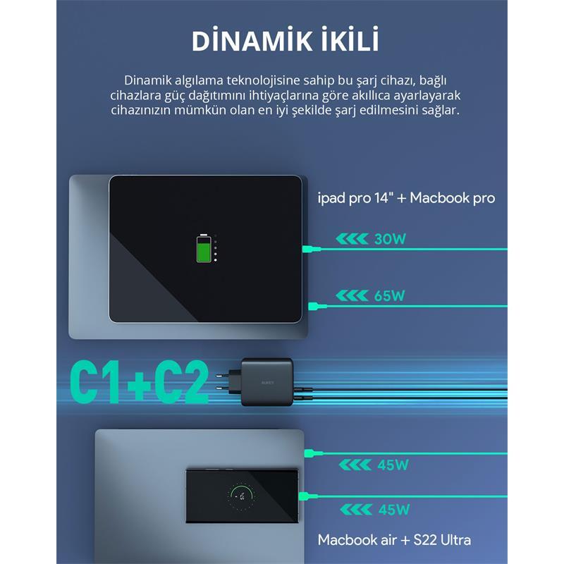 AUKEY AUKEY PA-B7S-BK 100W DÖRT BAĞLANTI NOKTALI PD GAN DUVAR ŞARJ CİHAZI -56185
