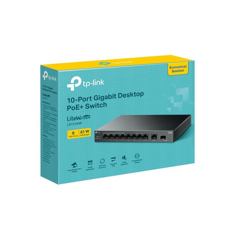 TP-LINK TP-LINK LS1210GP 8 PORT GIGABIT + 1XRJ45/1XSFP UPLINK 61W 250 METRE POE MESAFE METAL KASA 