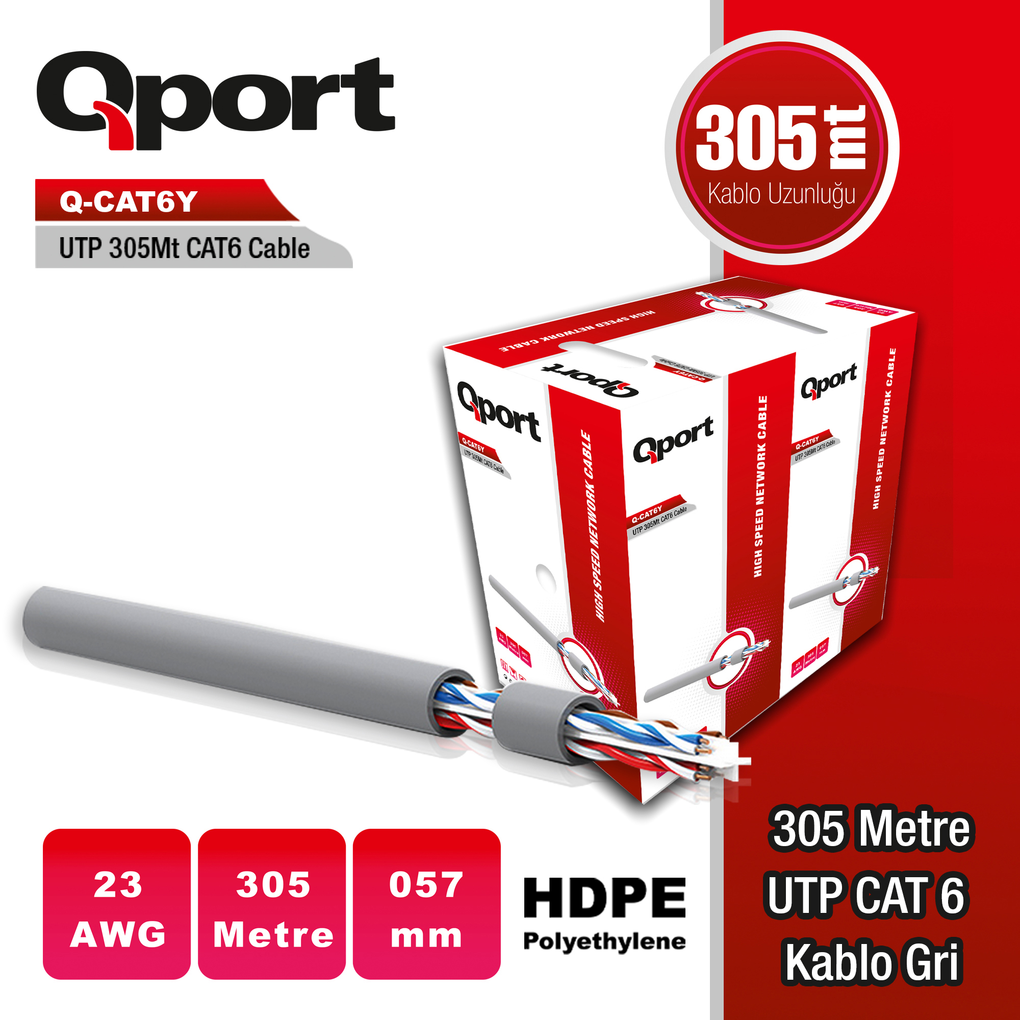 QPORT QPORT Q-CAT6Y 305 METRE 23AWG GRI CAT6 UTP PE KABLO