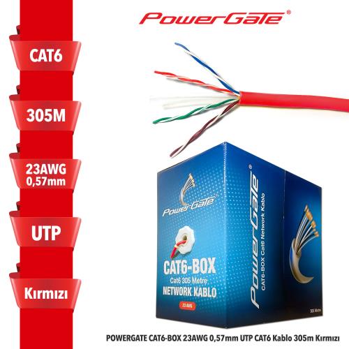 POWERGATE POWERGATE CAT6-BOX-RE, 23AWG, 0,57mm, UTP, CAT6 Kablo, 305m, Kırmızı