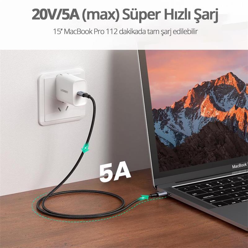 UGREEN UGREEN TYPE-C 100W 5A QC PD ÖRGÜLÜ HIZLI ŞARJ KABLOSU 2 MT SİYAH 70429 -50515
