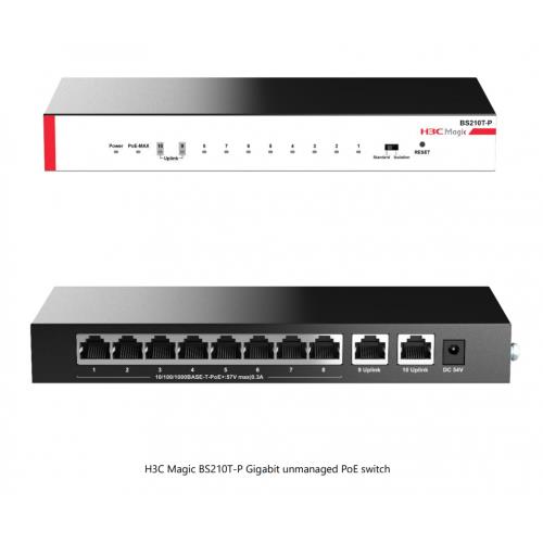 H3C  H3C Magic BS210T-P, 10 Port, GigaBit, 8 Port PoE, 57W, +2 Port GigaBit Uplink, Metal Kasa, YÃ¶netilemez, MasaÃ¼stÃ¼ Switch 