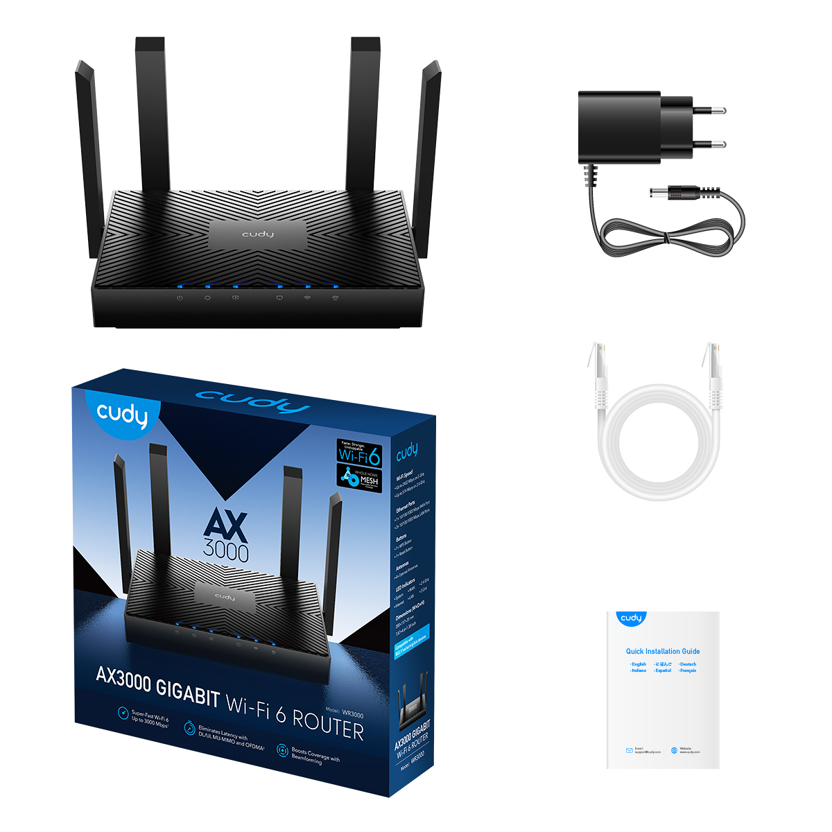 CUDY Cudy WR3000 AX3000 2.4GHz/5GHz 3000Mbps AP/RE/WISP 4*Gigabit Port MU-MIMO Kablosuz Wi-Fi 6 Router-61676