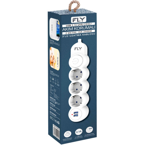 FLY FLY 3393-01, 3 Soket, 2 USB, Akım Korumalı Priz, 2.1A, Anahtarlı, 2Mt Kablo, (Beyaz)