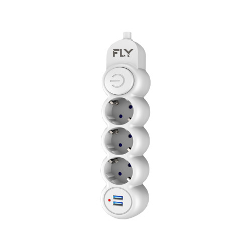 FLY FLY 3393-01, 3 Soket, 2 USB, Akım Korumalı Priz, 2.1A, Anahtarlı, 2Mt Kablo, (Beyaz)-59096